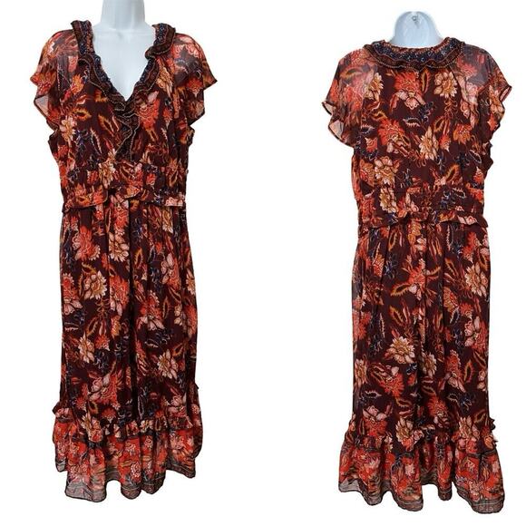 Old Navy Floral Tiered Smocked Midi Dress Size XL Orange Semi Sheer Boho Cottage - Picture 1 of 6